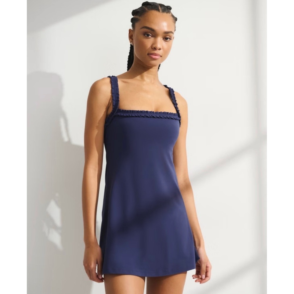 YPB Abercrombie StudioFLEX Ruffle Exercise Dress Navy Blue XL Petite Activewear